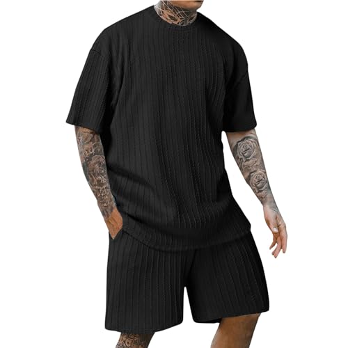 TIMELYE Generic Outlet Angebote Sommer Set Herren Sport Klamotten Herren Locker Passform Einfarbig Tshirt Herren Set Training Herren Klamotten Sommer Short Sommer Herren(Schwarz,S) von TIMELYE