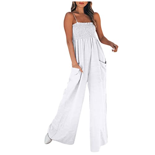 TIMELYE Jumpsuit Damen Sommer Strand Lang Elegant Weites Bein Overall Frauen Rückenfrei Einfarbig Festlich Party Breites Bein Hosenanzug Spaghetti Strap Rückenfrei Baggy Playsuit Spielanzug Romper von TIMELYE