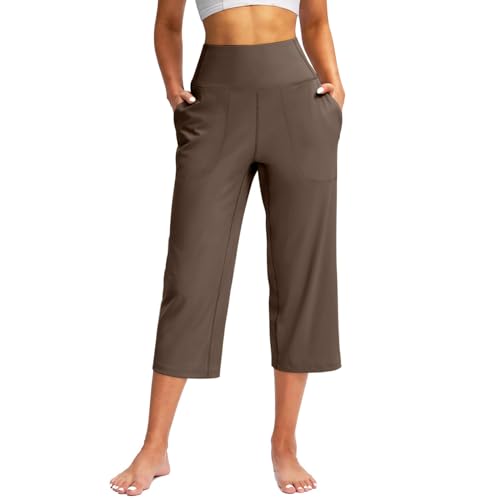 TIMELYE Yogahose Damen Weites Bein Caprihose Damen Yoga Hose mit Taschen Sommer Stretch mit Taschen Hohe Taille Jogginghose Straighthose Bauchkontrolle Schlaghose für Arbeiten Sport Yoga von TIMELYE