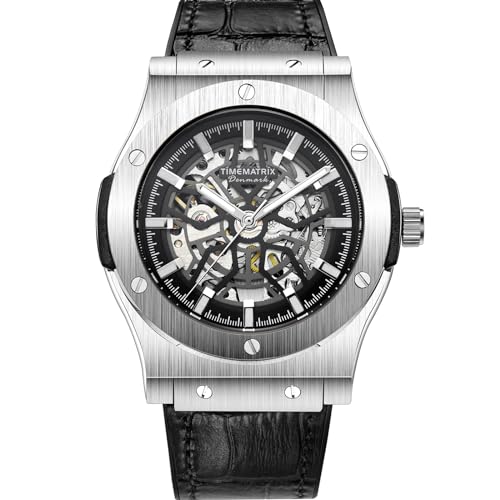 TIMEMATRIX Time Matrix A King Herren-Automatikuhr mit mechanischem Skelettwerk, leuchtendem Skala-Zifferblatt und echtem Lederarmband, 316L Edelstahlgehäuse Uhr (Modell: TMX1030-1/Schwarz), Schwarz, von TIMEMATRIX