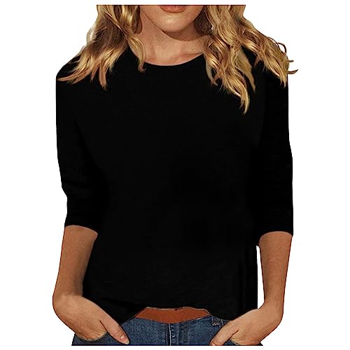 Tshirt Damen Sommer,Shirt 3/4 Arm Damen Bluse Elegant Rundhalsausschnitt Oberteile Bluse Mode Leger Slim Fit Tops Bluse Dreiviertelarm Schwarz 3XL von TIMEMEAN