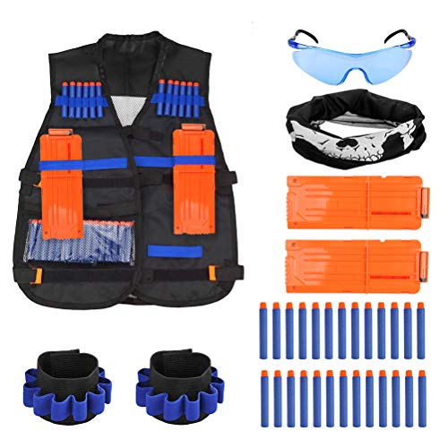 TIMESETL 37Stück Taktische Weste Jacke Set für Kinder, Nerf N-Strike Elite Set, Nerf Weste, Nerf Zubehör Set mit 30er Darts + 2er Schnellladeclips + 1 Nerf Brille + 1 Maske + 2 Armbänder von TIMESETL