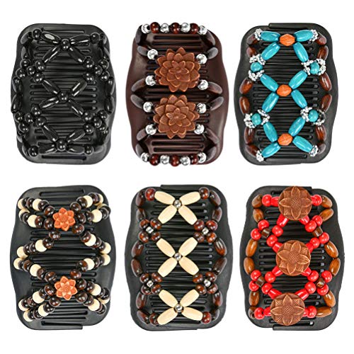 TIMESETL 6Stück Perlen Haarkämme, Easy Magic Holzperlen Haarspangen Dehnbar Kamm Doppel Clips Haarschmuck für Damen Mädchen, Magic Hair Comb DIY Haar Styling Werkzeug von TIMESETL
