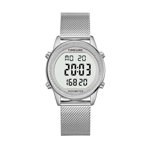 TIMEURE Damen Schrittzähler Uhr, Stilvolles Design, gut ablesbar, Kalorien, Schritte, Kilometerstand, Countdown und Alarm auf, mit Hintergrundbeleuchtung, TU-2401(Silber mit Diamanten) von TIMEURE