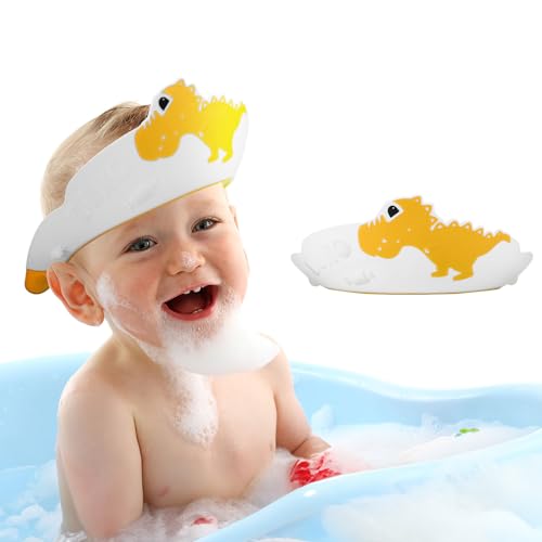 TIMIOTC Duschhaube für Kinder, Baby Shampoo Shower Cap, Schutz für Augen und Ohren, Einstellbar, Dinosaurier-Design, Gelb von TIMIOTC