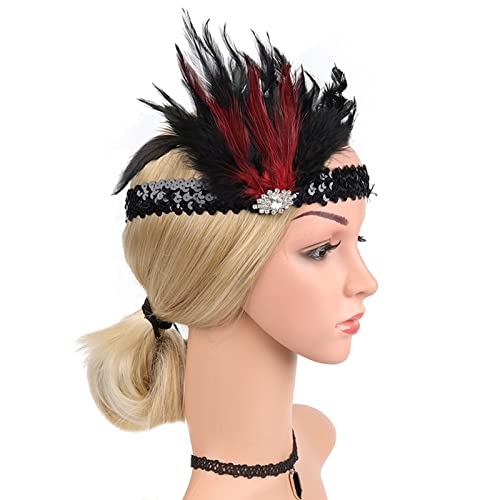 1920s Stirnband Damen 20er Jahre Flapper Feder Haarband Vintage Haarbänder Schwarze Feder Stirnband Vintage Schwarzer Feder Kopfschmuck Feder Flapper Stirnband 20er Damen (a-Red, One Size) von TIMIYUYU