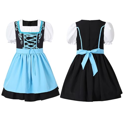 2-12 Jahre Mädchen Dirndl Kleid Kostüme Zum Oktoberfest Kinderdirndl Midi Kleid Trachtenkleidung Mit Dirndl Schürze Trachtenkleid Kurzarm Partykleid Festlich Girl Outfits für (Blue, 8-10 Years) von TIMIYUYU