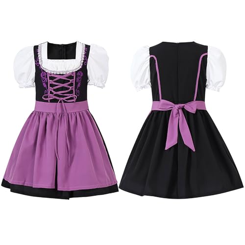 2-12 Jahre Mädchen Dirndl Kleid Kostüme Zum Oktoberfest Kinderdirndl Midi Kleid Trachtenkleidung Mit Dirndl Schürze Trachtenkleid Kurzarm Partykleid Festlich Girl Outfits für (Purple, 10-12 Years) von TIMIYUYU