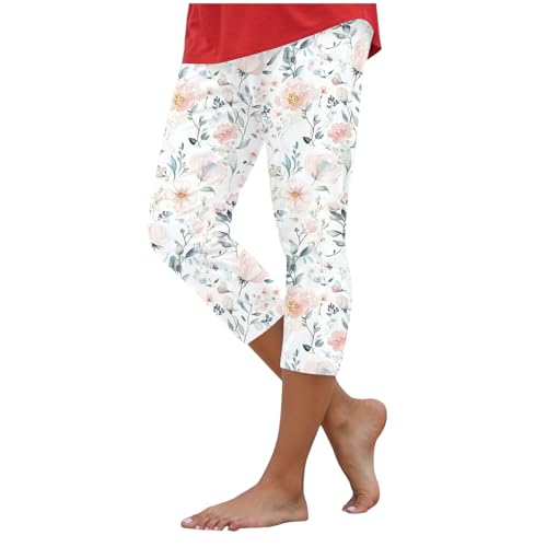 3/4 Leggings Damen Casual Fashion Bunte Blumendruck Caprihose Enge Sport Freizeit Leggings High Waist Blickdicht Jogginghose Freizeithose Drucken Cropped Hose Stretch Stoffhose 3/4 (White-2, XL) von TIMIYUYU