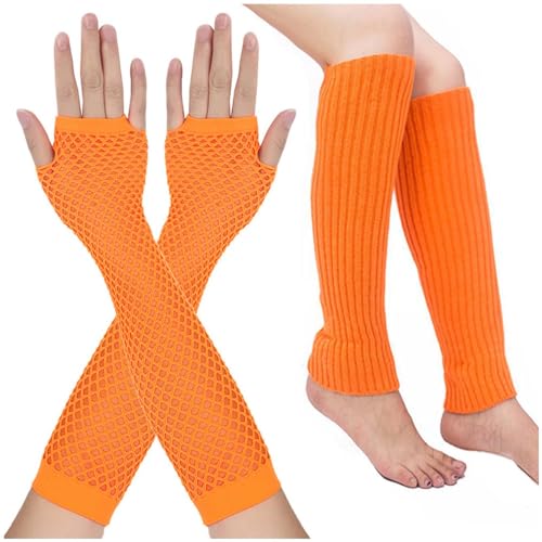 Beinstulpen Netzhandschuhe Set Beinwärmer Fischnetz Handschuhe Set Elastische Stulpen Damen Lang Netzhandschuhe Weich Sportgeschenk 80er Jahre Kostüm Zubehör für Damen Retro (Orange, One Size) von TIMIYUYU