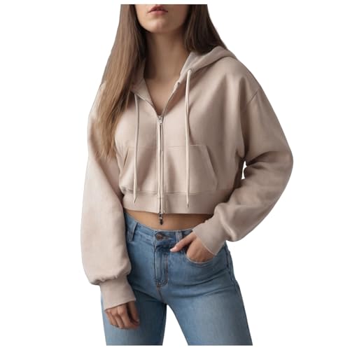Crop Jacke Damen Bauchfrei Jacke Mit Kapuzen Sweatjacke Kurz Kapuzenpullover Mit Reißverschluss Hoodie Teenager Mädchen Sweatshirt Jacke Pulli Cropped Kapuzenjacke Full Zip Sweatshirtjacke (Khaki, M) von TIMIYUYU