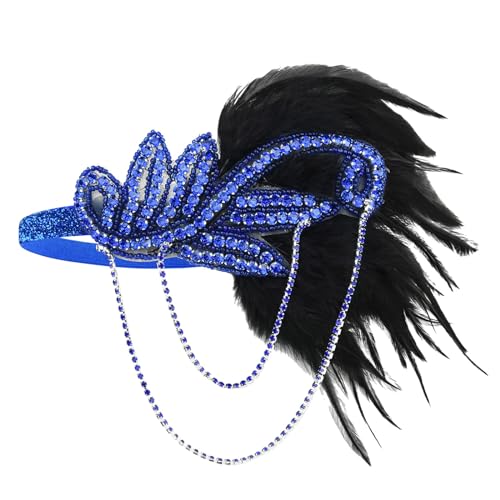 Damen 1920er Feder Stirnband Damen FaschingKostüm Accessoires Vintage Haarbänder Schwarze Vintage Schwarzer Feder Kopfschmuck Feder Flapper Stirnband 20er Jahre Kopfbedeckung (Blue-d, One Size) von TIMIYUYU