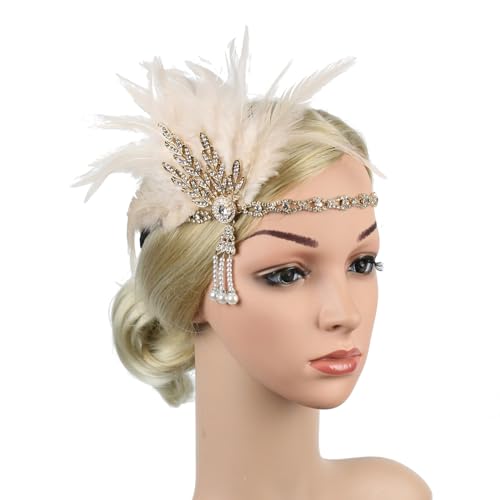 Damen 1920er Feder Stirnband Damen FaschingKostüm Accessoires Vintage Haarbänder Schwarze Vintage Schwarzer Feder Kopfschmuck Feder Flapper Stirnband 20er Jahre Kopfbedeckung (Gold-a, One Size) von TIMIYUYU