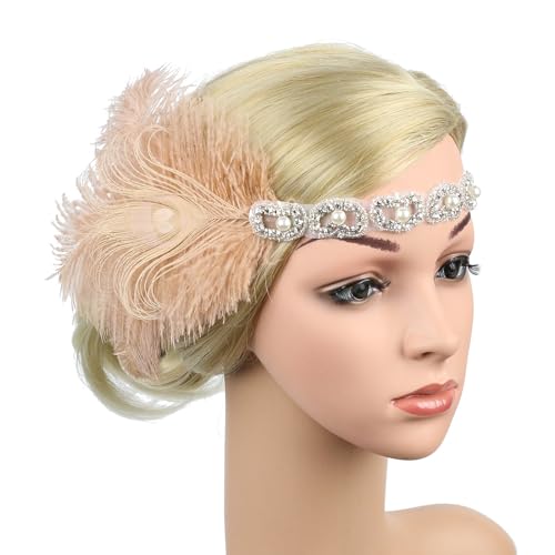 Damen 1920er Feder Stirnband Damen FaschingKostüm Accessoires Vintage Haarbänder Schwarze Vintage Schwarzer Feder Kopfschmuck Feder Flapper Stirnband 20er Jahre Kopfbedeckung (Rose Gold-b, One Size) von TIMIYUYU