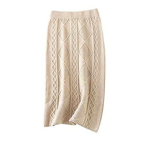 Damen Elegant Rock Vintage Retro Midirock Strick Röcke Stricken Gestrickt Knielänge Strickrock Hohe Taille Casual Langer Rock Warm Frühling Herbst Winter Wollrock Moderock für Frauen (Khaki, One Size) von TIMIYUYU