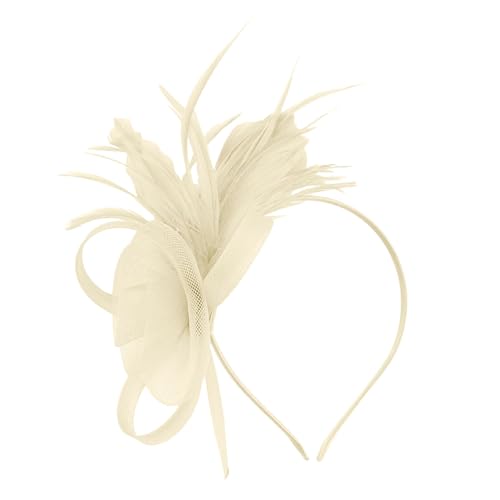 Damen Fascinator Hut Mesh Federn Stirnband Tea Party Club Kopfbedeckung Haarschmuck für Party Kirche Hochzeit für Frauen Mädchen Eleganter Fascinator Hut mit Federn Schleier (Beige, One Size) von TIMIYUYU