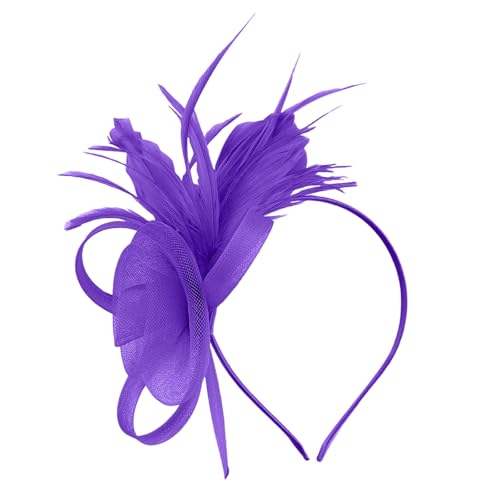 Damen Fascinator Hut Mesh Federn Stirnband Tea Party Club Kopfbedeckung Haarschmuck für Party Kirche Hochzeit für Frauen Mädchen Eleganter Fascinator Hut mit Federn Schleier (Purple, One Size) von TIMIYUYU