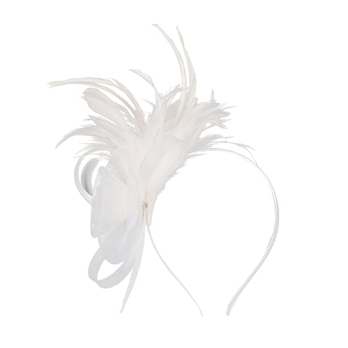 Damen Fascinator Hut Mesh Federn Stirnband Tea Party Club Kopfbedeckung Haarschmuck für Party Kirche Hochzeit für Frauen Mädchen Eleganter Fascinator Hut mit Federn Schleier (White, One Size) von TIMIYUYU