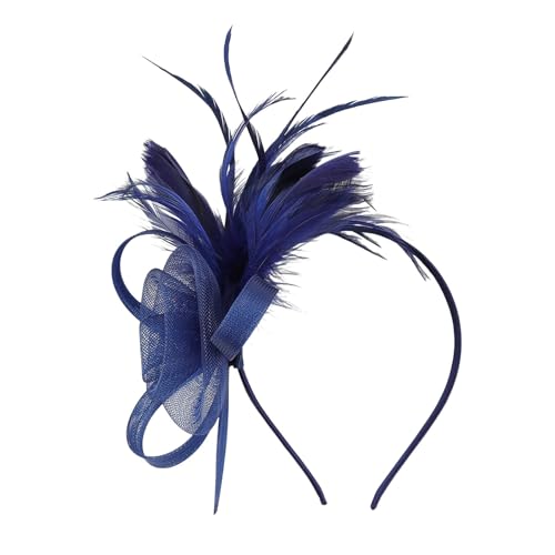Damen Fascinator Hut Mesh Federn Stirnband Tea Party Club Kopfbedeckung Haarschmuck für Party Kirche Hochzeit für Frauen Mädchen Eleganter Fascinator Hut mit Federn Schleier Stirnband (Navy, One Size) von TIMIYUYU