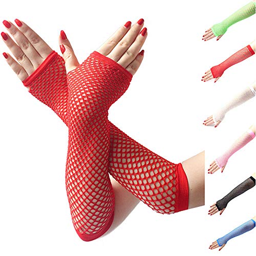 Damen Fingerlose Netzhandschuhe Handstulpen Lang Fischnetz Handschuhe Netz Mesh Handschuhe Abendhandschuhe für 80er Jahre Kostüm Party, Fishnet Gloves Goth Handschuhe Elastisch (Black, One Size) von TIMIYUYU