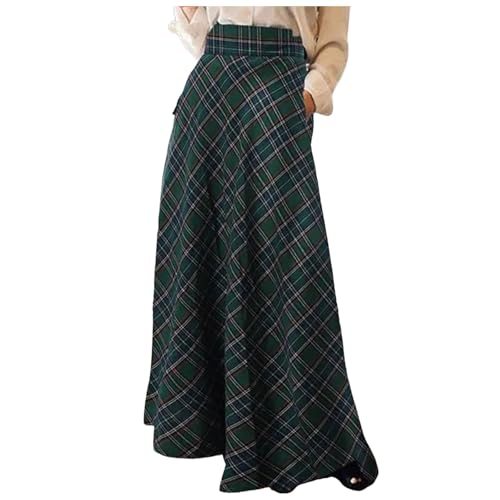 Damen High Waist Maxirock Taschen Langer A-Linie Rock Winter Midi Lang Röck Faltenrock Elegant Frauen Skirt Plaid Warm Maxi Winterrock Karierter Röck Elastische Taille Vintage Party (Green, L) von TIMIYUYU