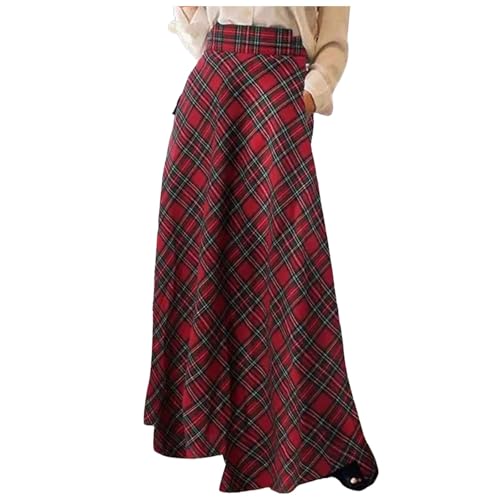 Damen High Waist Maxirock Taschen Langer A-Linie Rock Winter Midi Lang Röck Faltenrock Elegant Frauen Skirt Plaid Warm Maxi Winterrock Karierter Röck Elastische Taille Vintage Party (Red, XXL) von TIMIYUYU