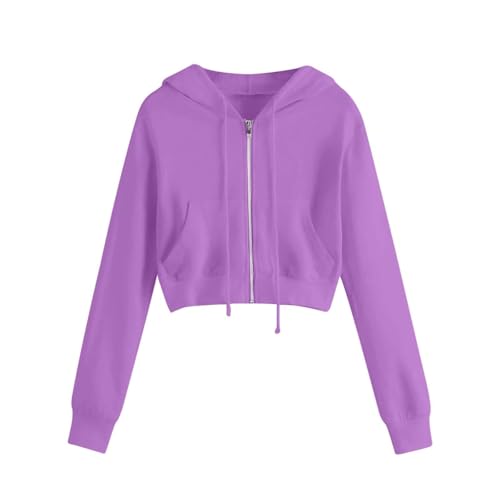 Damen Hooded Sweatjacke Bauchfrei Kapuzenpullover Full-Zip Sweatshirt Crop Hoodie mit Reissverschluss Kapuzenjacke Einfarbig Cropped Jacke Crop Leicht Übergangsjacke Teenager (Light Purple-A, L) von TIMIYUYU