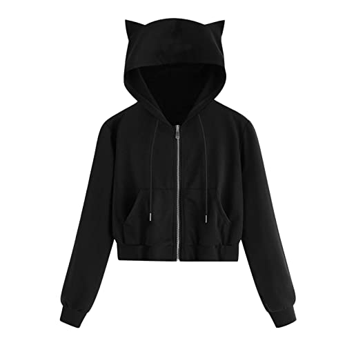 Damen Kapuzenjacke mit Katzenohren Hoodie Kapuzenpullover Langarmshirt Crop Kapuzenjacke Langarm Sweatshirt mit Kapuze Pulli Kurz Oberteile Reißverschluss Kapuzenmantel Sport Kapuzenpulli (Black, M) von TIMIYUYU