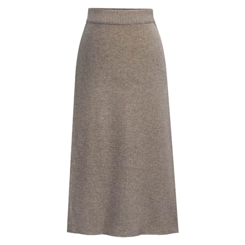 Damen Lang Strickrock High Waist Gestrickt Elegant Rock Frühling Herbst Winter Warm Dehnbarer Strickrock Einfarbig Maxi Faltenrock Slim Fit Winterrock Freizeitrock Stretch Business Rock (Khaki, S) von TIMIYUYU