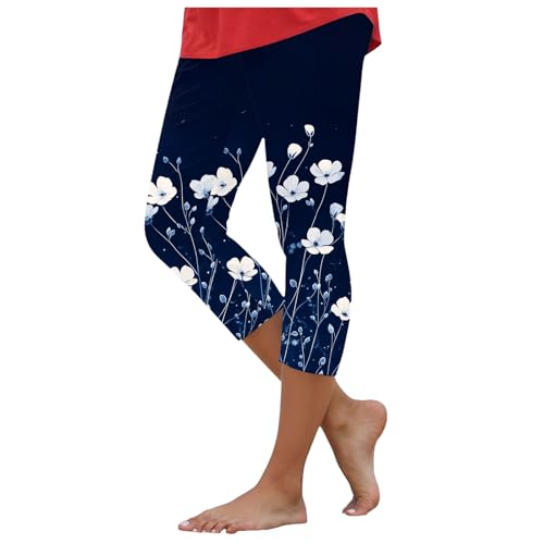 Damen Leggings 3/4 Capri Leggings Bunte Blumen Jogginghose High Waist 3/4 Sporthose Drucken Capri Cropped Hose Freizeithose Stretch Stoffhose Sommerhose Blickdicht Yogahosen Sporthose (1-Dark Blue, L) von TIMIYUYU