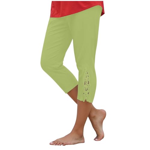 Damen Leggings 3/4 Capri Leggings mit Spitze Caprihose Blickdicht Kurze Sporthose Elastisch Yogahose Laufhose Hose Stretch Weich Damen Leggins 3/4 Lang Sommerhose Hohe Taille Slim (2-Green, M) von TIMIYUYU