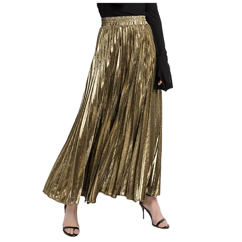 Damen Metallic Glänzend Lange Party Röck Plisseerock Rock Metallisch Glänzend Faltenrock Länge Hohe Taille A-Linie Elastisch Swing Eleganter Rock Plissee Maxirock Einfarbig Metallic (Gold, XXL) von TIMIYUYU