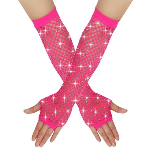 Damen Netzhandschuhe Glänzende Fingerlose Handschuhe Lange Fischnetz Armstulpen Mesh Handschuhe Karneval Party Kostümzubehör Opernhandschuhe Abendhandschuhe Glitzer Handschuhe (Hot Pink, One Size) von TIMIYUYU