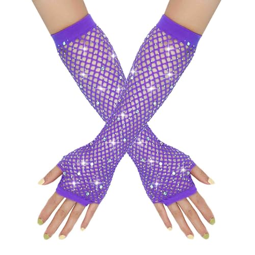 Damen Netzhandschuhe Glänzende Fingerlose Handschuhe Lange Fischnetz Armstulpen Mesh Handschuhe Karneval Party Kostümzubehör Opernhandschuhe Abendhandschuhe Glitzer Handschuhe (Purple, One Size) von TIMIYUYU