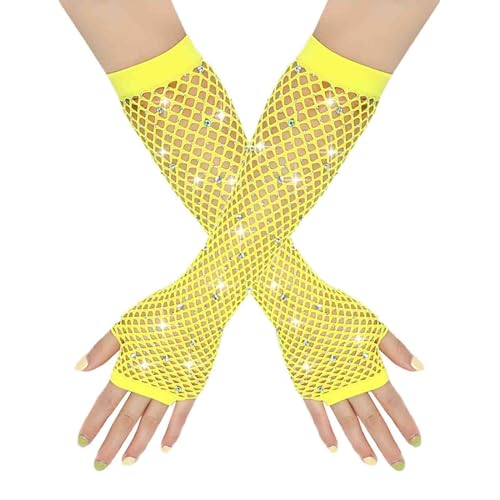 Damen Netzhandschuhe Glänzende Fingerlose Handschuhe Lange Fischnetz Armstulpen Mesh Handschuhe Karneval Party Kostümzubehör Opernhandschuhe Abendhandschuhe Glitzer Handschuhe (Yellow, One Size) von TIMIYUYU