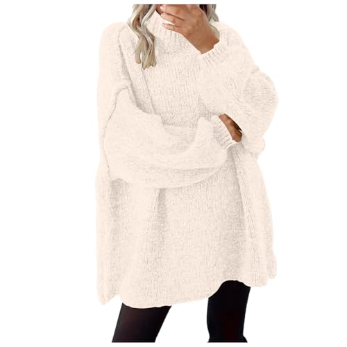 Damen Oversized Grobstrickpullover Lang Pullover Damen Strick Winter Rollkragenpullover Warm Rollkragen Pullover Stricken Pulli Grobstrick Pullover Sweater Loose Langarm Oberteil (Beige, S) von TIMIYUYU