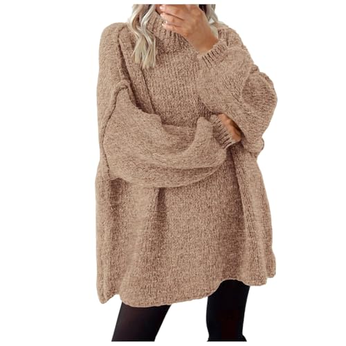 Damen Oversized Grobstrickpullover Lang Pullover Damen Strick Winter Rollkragenpullover Warm Rollkragen Pullover Stricken Pulli Grobstrick Pullover Sweater Loose Langarm Oberteil (Khaki, M) von TIMIYUYU