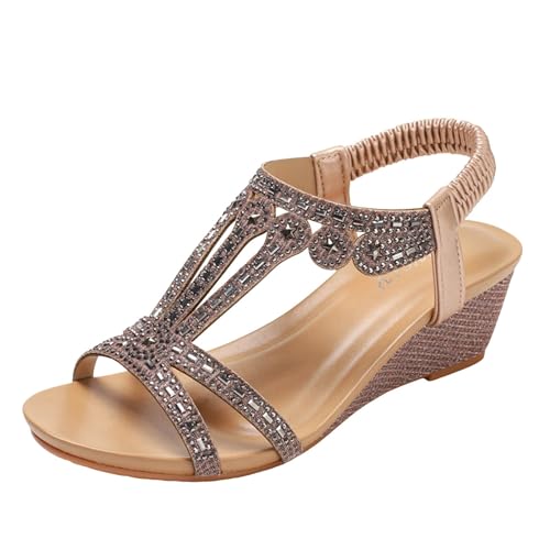 Damen Riemchensandalen Offene Sandale Römersandalen Glitzer Strass Sandalette Keilabsatz Strandsandalen Sommerschuhe High Heels Sandals Mode Vintage Plateausandalen Abendschuhe Keilsandalen (Pink, 37) von TIMIYUYU