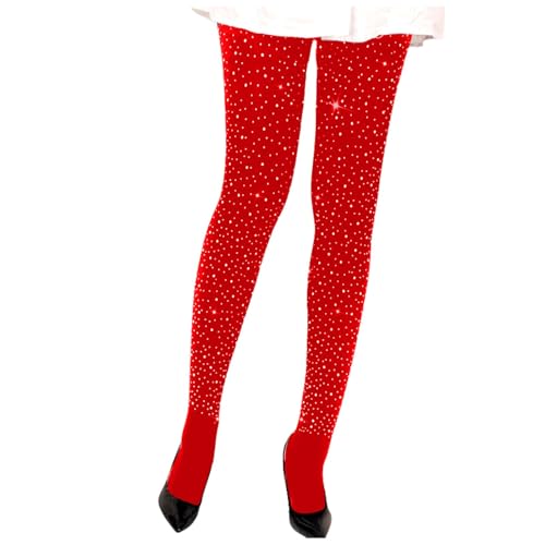 Damen Strumpfhose Glitzer Strumpfhosen mit Strass Blickdicht Feinstrumpfhose Frauen Strumpfhose Glänzend Strumpfhose Elastische Pantyhose Shiny Footed Socken Tights für Karneval (Red, One Size) von TIMIYUYU