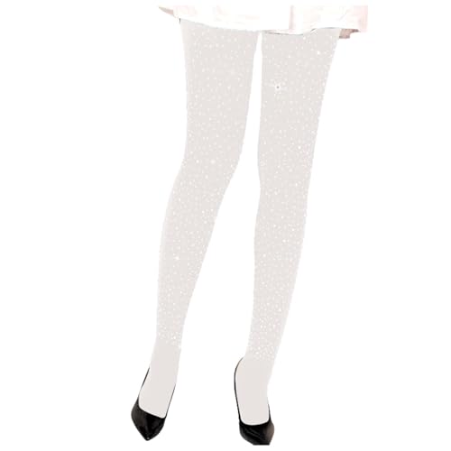 Damen Strumpfhose Glitzer Strumpfhosen mit Strass Blickdicht Feinstrumpfhose Frauen Strumpfhose Glänzend Strumpfhose Elastische Pantyhose Shiny Footed Socken Tights für Karneval (White, One Size) von TIMIYUYU