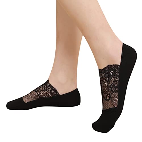 Damen Unsichtbare Socken Spitze Ballerina Söckchen Rutschfest Halbsocken Füßlinge Sommer Socken Spitzen Kurze Socken No Show Spitze Boot Socken Ultradünne Atmungsaktiv Baumwoll (Black, One Size) von TIMIYUYU