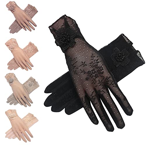 Elegant Spitzen Handschuhe mit Spitze Party Abend Mesh Handschuhe Damen Kurze Sonnenschutz Handschuhe Damenhandschuhe Netzhandschuhe Brauthandschuhe Abendhandschuhe Hochzeit (Black, One Size) von TIMIYUYU