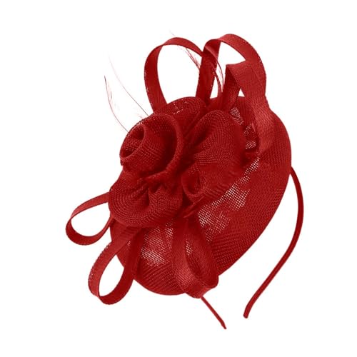 Eleganter Damen Haarschmuck Feder Mesh Tea Party Stirnband Fascinator Hut FascinatorClips Hut Damen Haarschmuck Mit Feder Mesh Fascinator Hut Für Party Kirche Hochzeit Cocktail für (Red, One Size) von TIMIYUYU