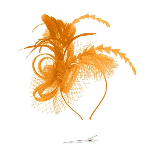 Fascinator Hüte für Damen Mesh Federn Stirnband Teeparty Kopfschmuck Haarschmuck für Party Kirche Hochzeit für Frauen Mädchen Weihnachtskopfbedeckung Hüte Cocktailparty Hut (Orange, One Size) von TIMIYUYU