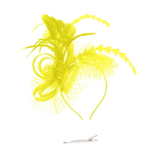 Fascinator Hüte für Damen Mesh Federn Stirnband Teeparty Kopfschmuck Haarschmuck für Party Kirche Hochzeit für Frauen Mädchen Weihnachtskopfbedeckung Hüte Cocktailparty Hut (Yellow, One Size) von TIMIYUYU