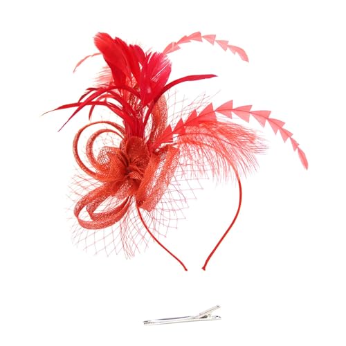 Fascinator Hüte für Damen Mesh Federn Stirnband Teeparty Kopfschmuck Haarschmuck für Party Kirche Hochzeit für Frauen Mädchen Weihnachtskopfbedeckung Hüte Cocktailparty Hut Stirnband (Red, One Size) von TIMIYUYU