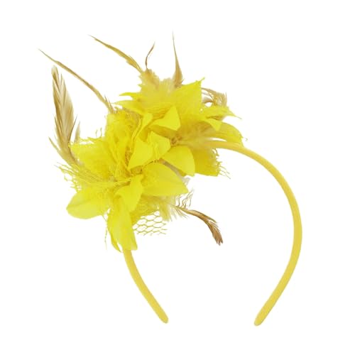 Fascinator Hüte für Damen Retro Schleier Hut Elegant Feder Mesh Tea Party Stirnband Brautschleier Hochzeit Kopfbedeckung Federkopfschmuck Stirnband Haarschmuck für Party Kirche (Yellow, One Size) von TIMIYUYU