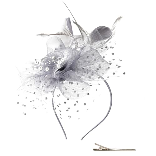 Fascinator Hüte für Damen Vintage Schleier Hut Blumen Mesh Feder Stirnband Braut Kopfschmuck Haarschmuck Damen HaarClip Hut Feder Haarschmuck Kopfbedeckung für Party Kirche Hochzeit (Grey, One Size) von TIMIYUYU