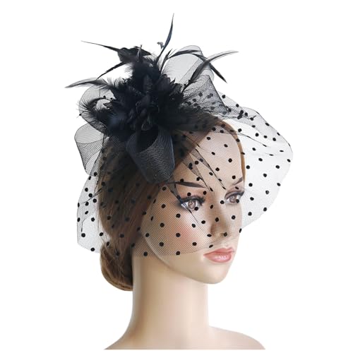 Fascinator Mesh Schleier Stirnband 1920er Jahre Damen Kopfschmuck Fascinator Hochzeit Teeparty Damen Schleier Braut Kopfschmuck 50er Jahre Fascinator Feder Haar Zubehör Stirnband (Black, One Size) von TIMIYUYU