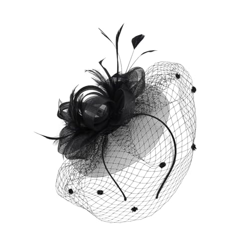Fascinators für Frauen 1920er Jahre Teeparty Hut Federn Schleier Mesh Stirnband Braut Kopfschmuck Hochzeit Cocktail Haarreif Karneval Teeparty Kirche Haarschmuck Federkleid (Black, One Size) von TIMIYUYU